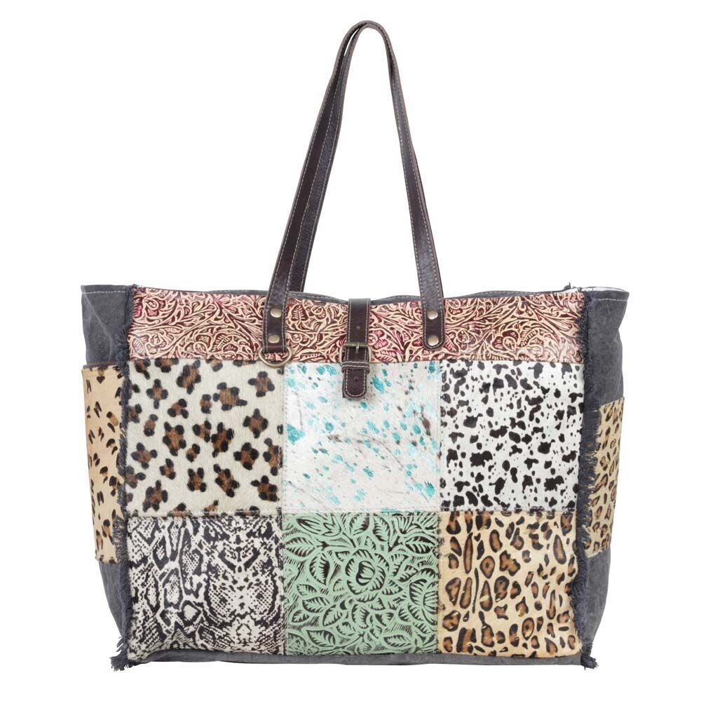 Myra Bag Handmade Lambent Leather & Hairon Upcycled Canvas & Cowhide Leather - Picture 2 of 9